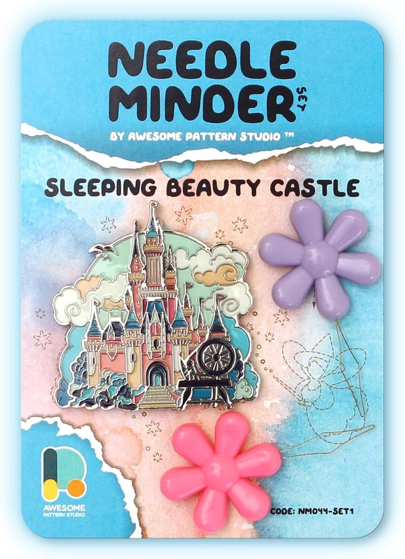 Awesome Pattern Studio Needle Minder Set - Sleeping Beauty Castle Magnetic Needle Minder + 2 Needle Threaders. Enamel Pin for Cross Stitch, Embroidery and Craft - Image 1